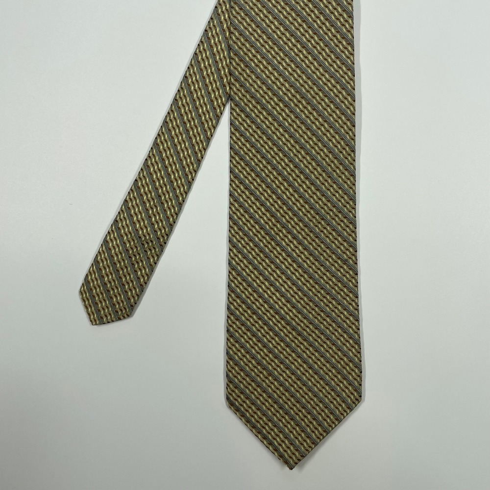 Unbranded Gold Olive Green Geometric Stripe Woven Silk Necktie Mens OS